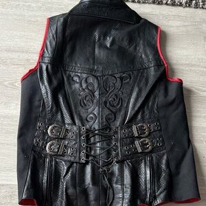 Speed and Strength black and Red Leather Vest with Buckle Details.
